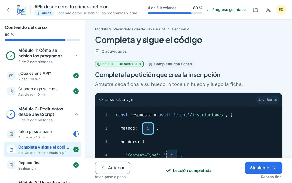 Aula de la capacitación de Mecapacito: una lección con una actividad de código