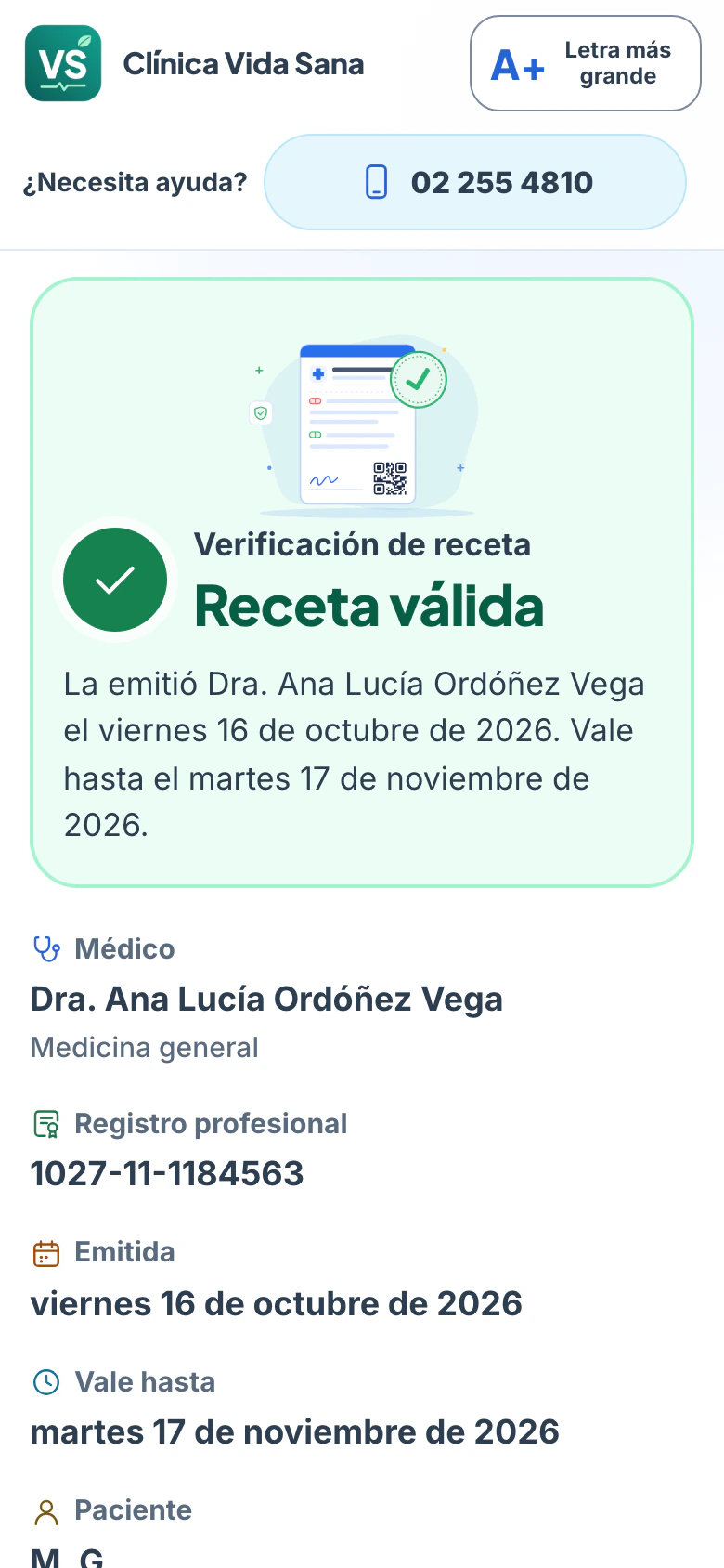 Receta verificada por QR en el celular